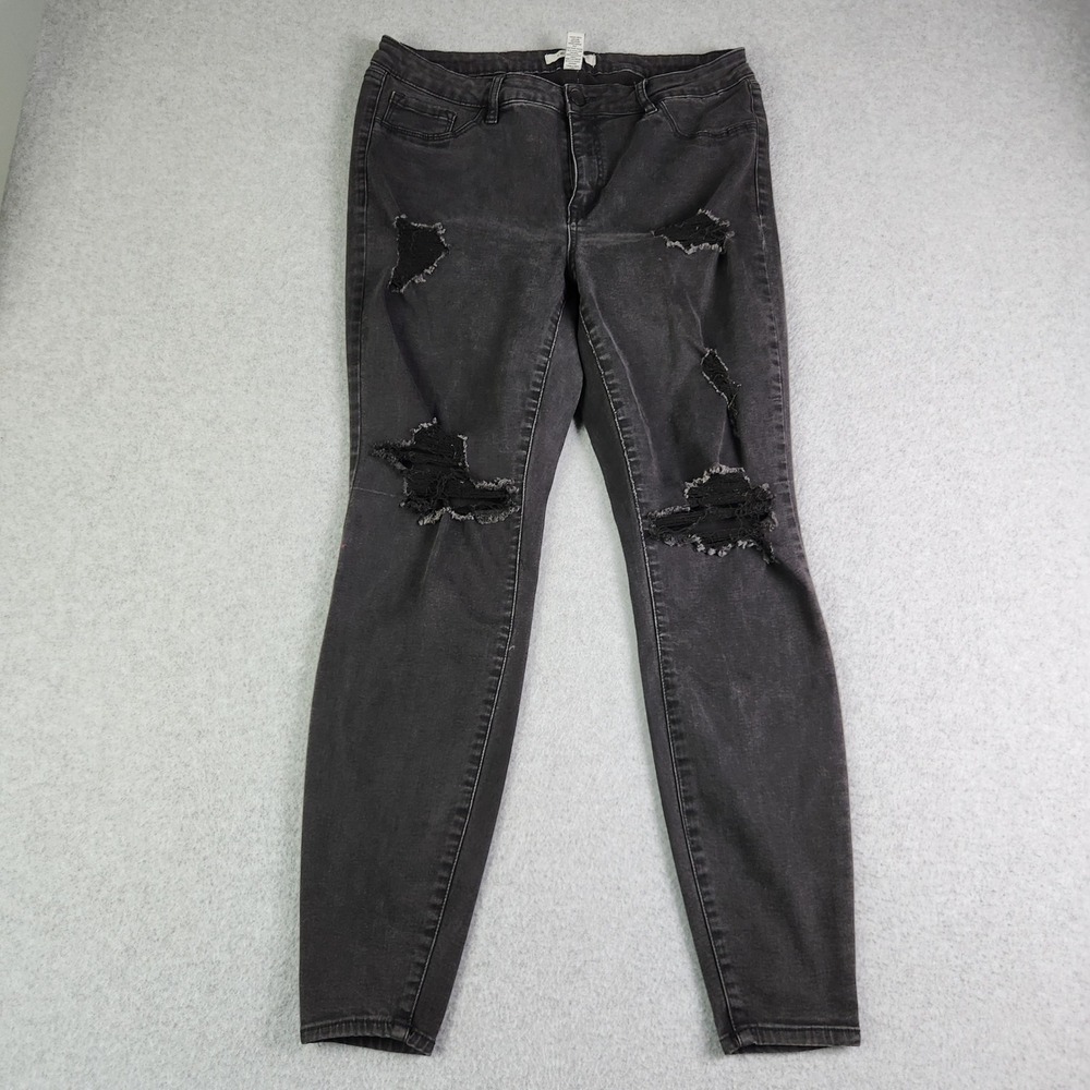Refuge Skinny Jeans Womens 16‎ Black Denim High Rise Stretch Distressed Skinny